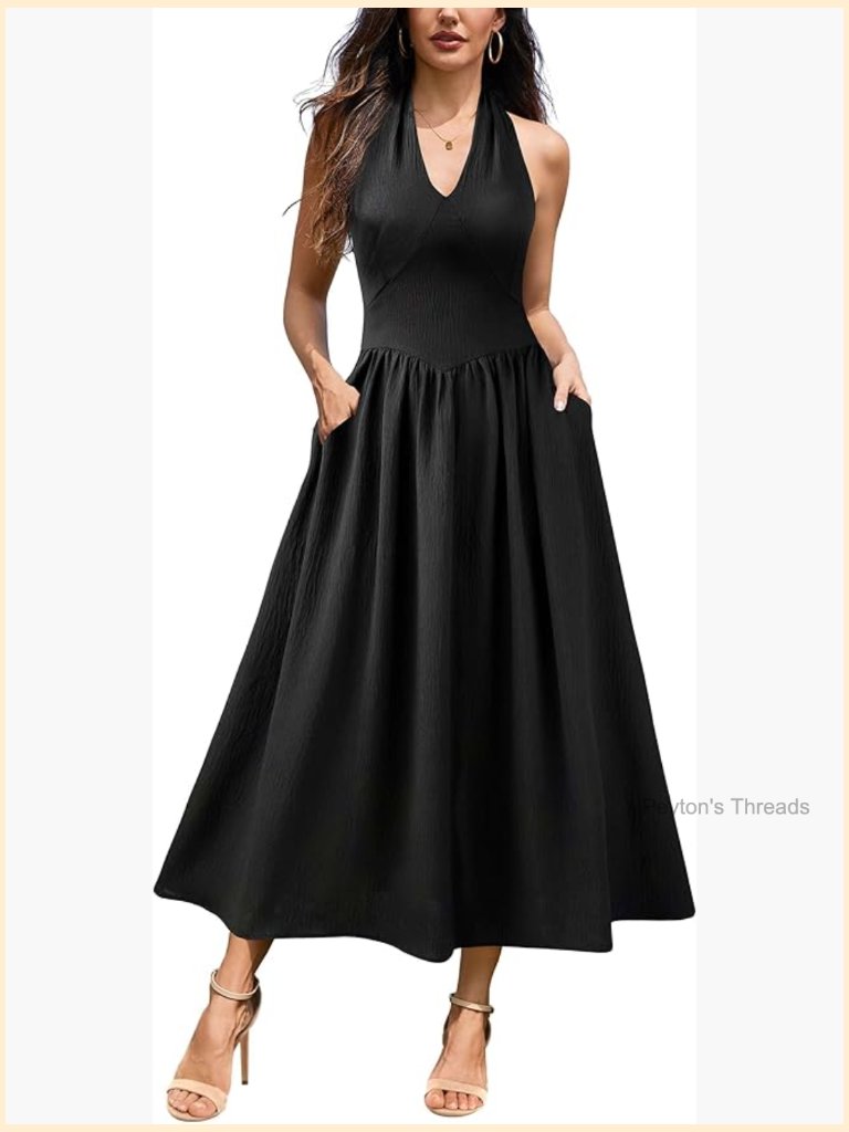 Halter V Neck Flowy A Line Midi Maxi Sundress With Pockets